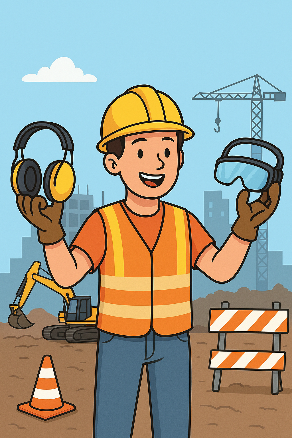 Happy man holding safety equipment on a job site with equipment and safety road blocking items.