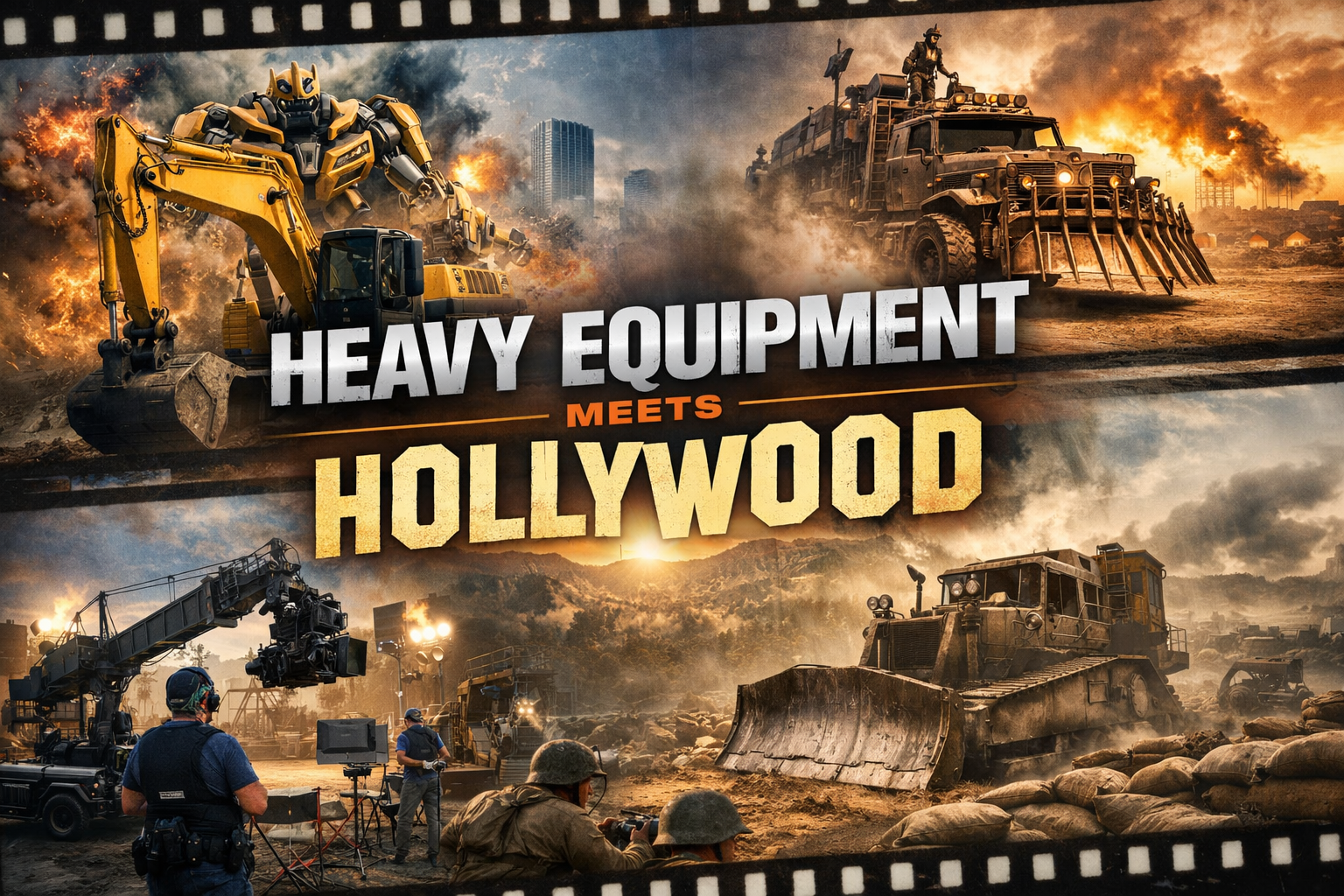 Movie set with heavy machinery, explosions and film crew capturing action shots with text "Heavy Equipment Meets Hollywood."