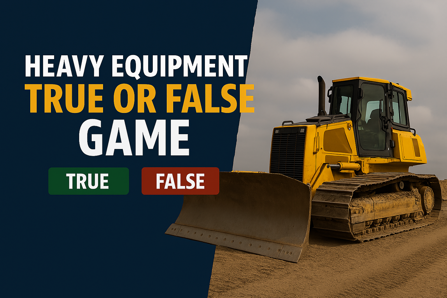 Yellow bulldozer on dirt with text "Heavy Equipment True Or False Game" featuring green True and red False buttons.