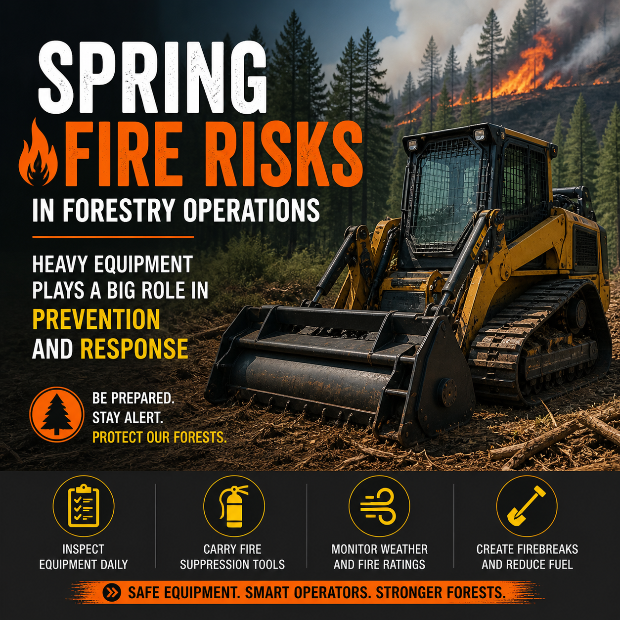 Forestry equipment operating near burning forest hillside with text "Spring fire risks in forestry operations"