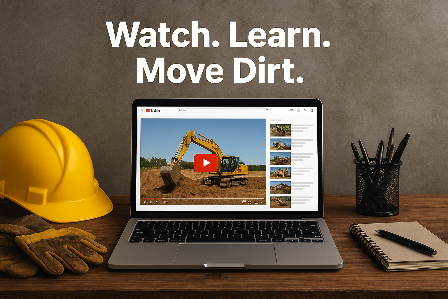 A video of an excavator working on site viewed from a laptop with the text "Watch. Learn. Move Dirt."