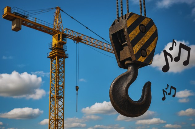 Illustration of a crane tower and crane with music notes next to it against a blue sky.