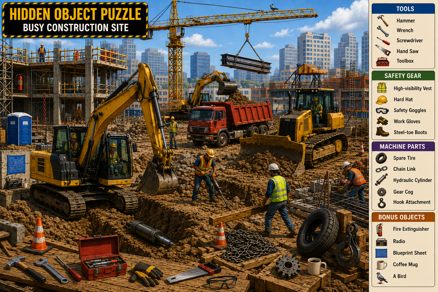 Hidden object puzzle showing a busy construction site with excavators, trucks, workers, and hidden items to find.