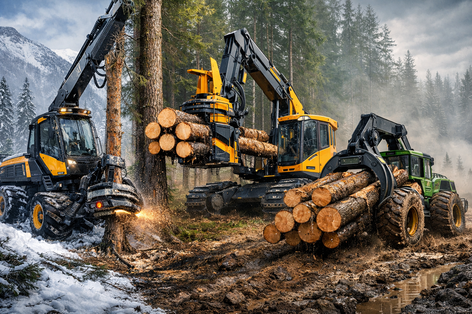 Three forestry machines cutting and loading logs in a snowy forest with rugged terrain and mountains.