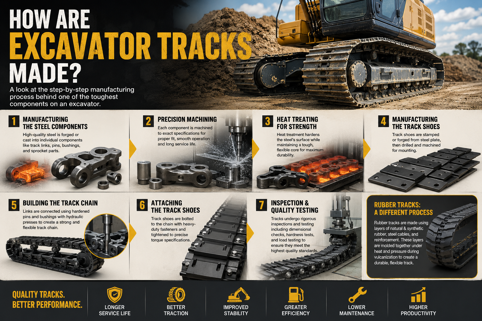 Infographic showing steps for making excavator tracks, from steel to testing, with text "How are excavator tracks made?"