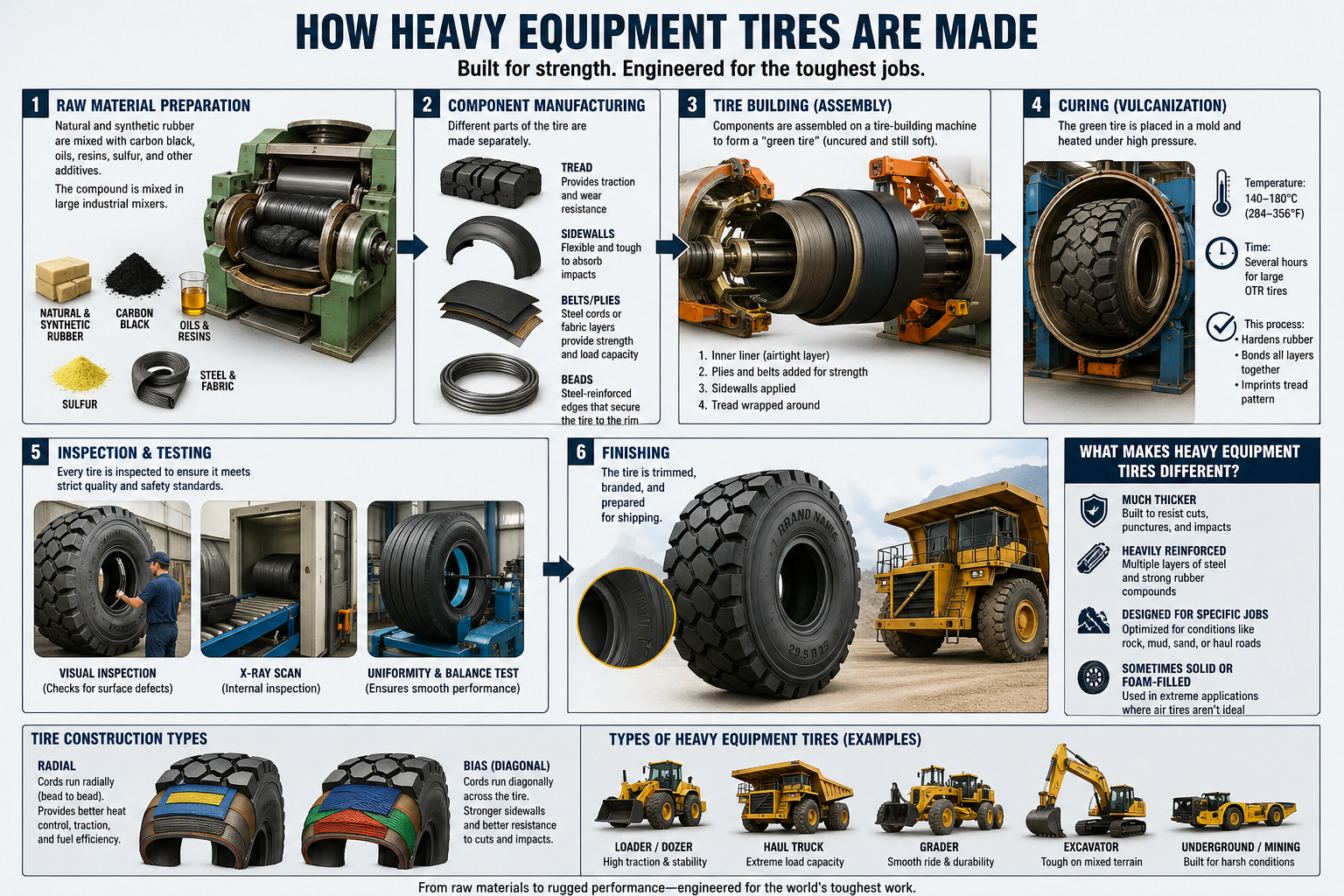 Infographic showing the heavy equipment tire manufacturing process with text "How heavy equipment tires are made"