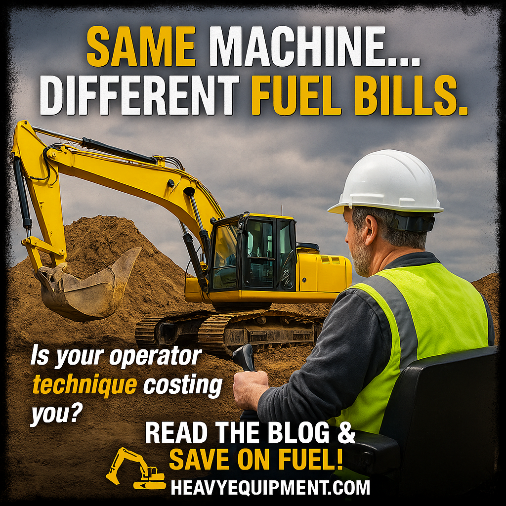 Construction scene with excavator and operator, with text "Same Machine Different Fuel Bills."