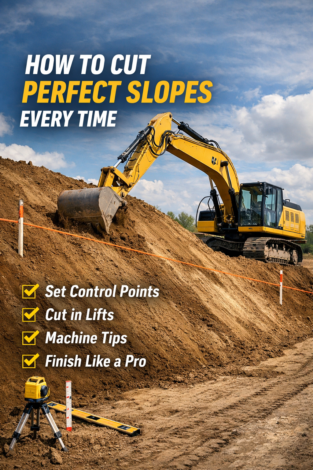 Excavator shaping a dirt slope with grade stakes and level on a jobsite, with text "How to cut perfect slopes every time."
