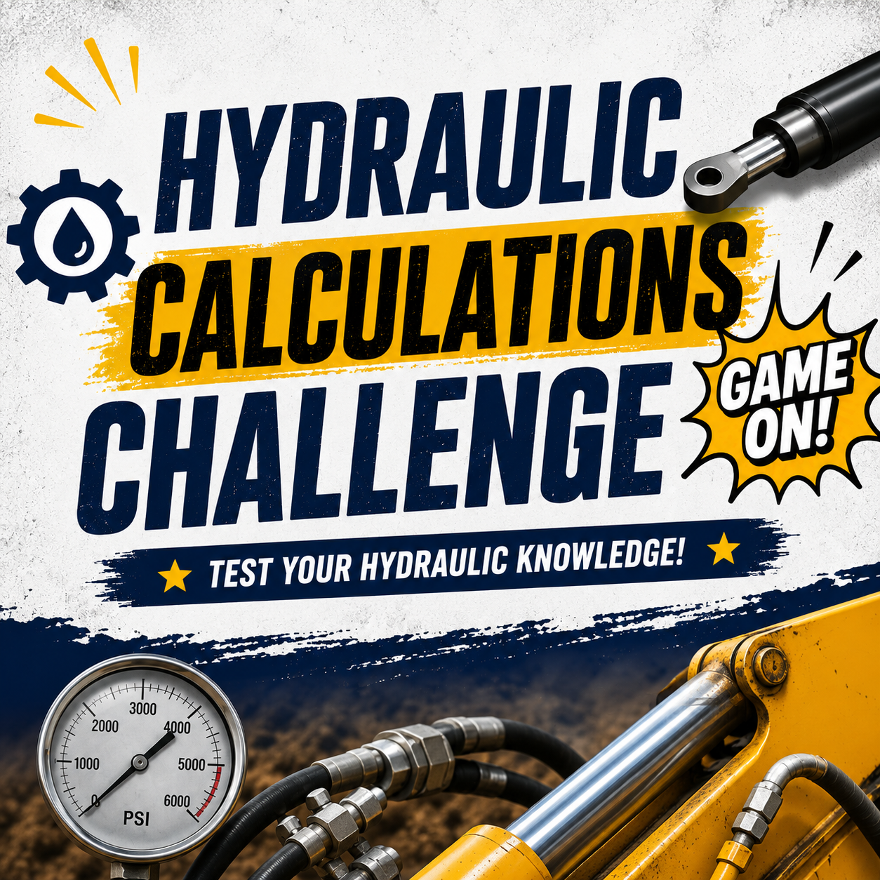 Hydraulic pressure gauge and cylinder with text "Hydraulic Calculations Challenge. Game on! Test your hydraulic knowledge!"
