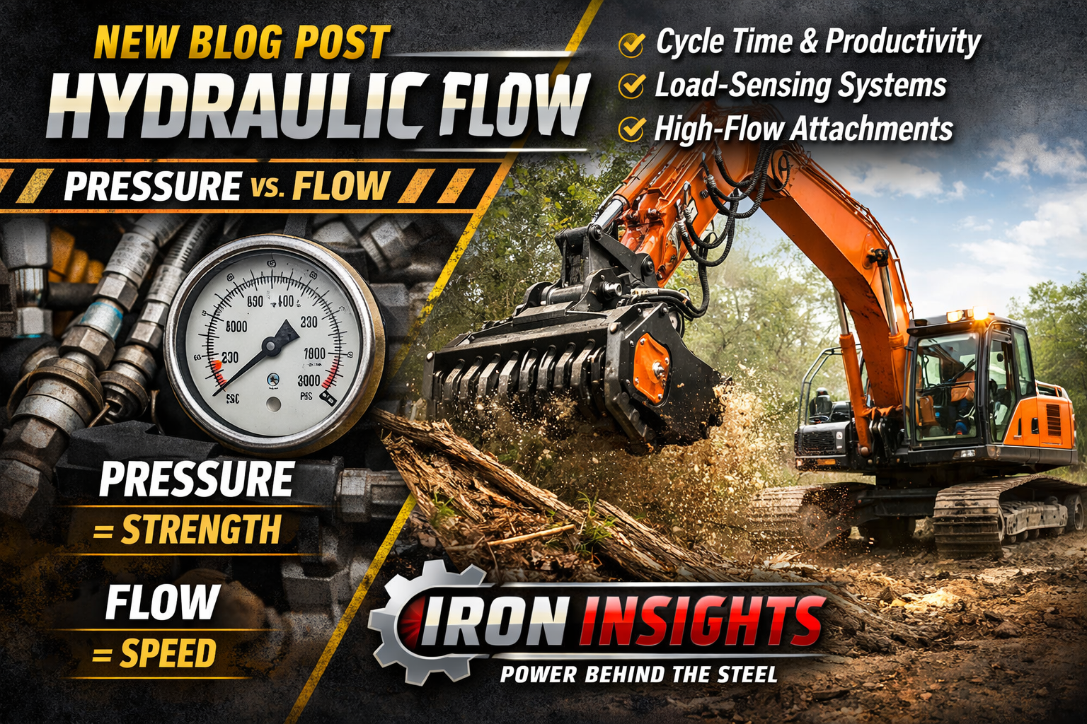 Illustration of Excavator clearing logs with text "New Blog Post Hydraulic Flow Pressure VS. Flow, Iron Insights Etc."