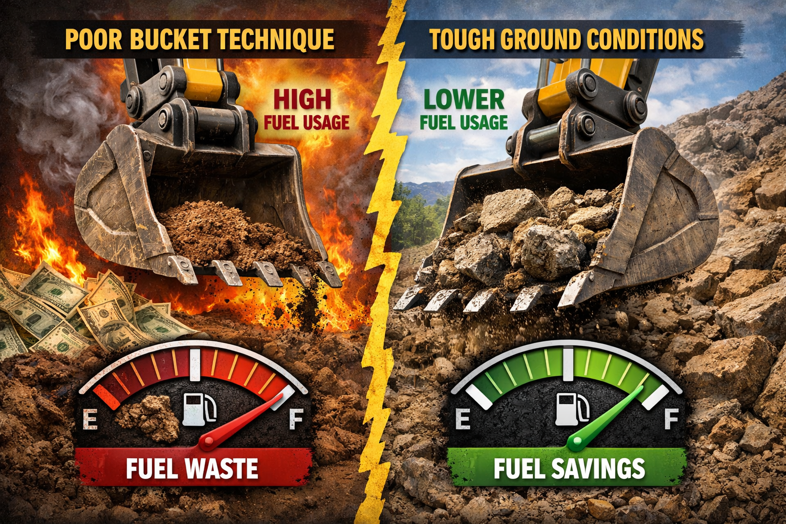 Split images compare excavator bucket technique showing fuel waste versus fuel savings.
