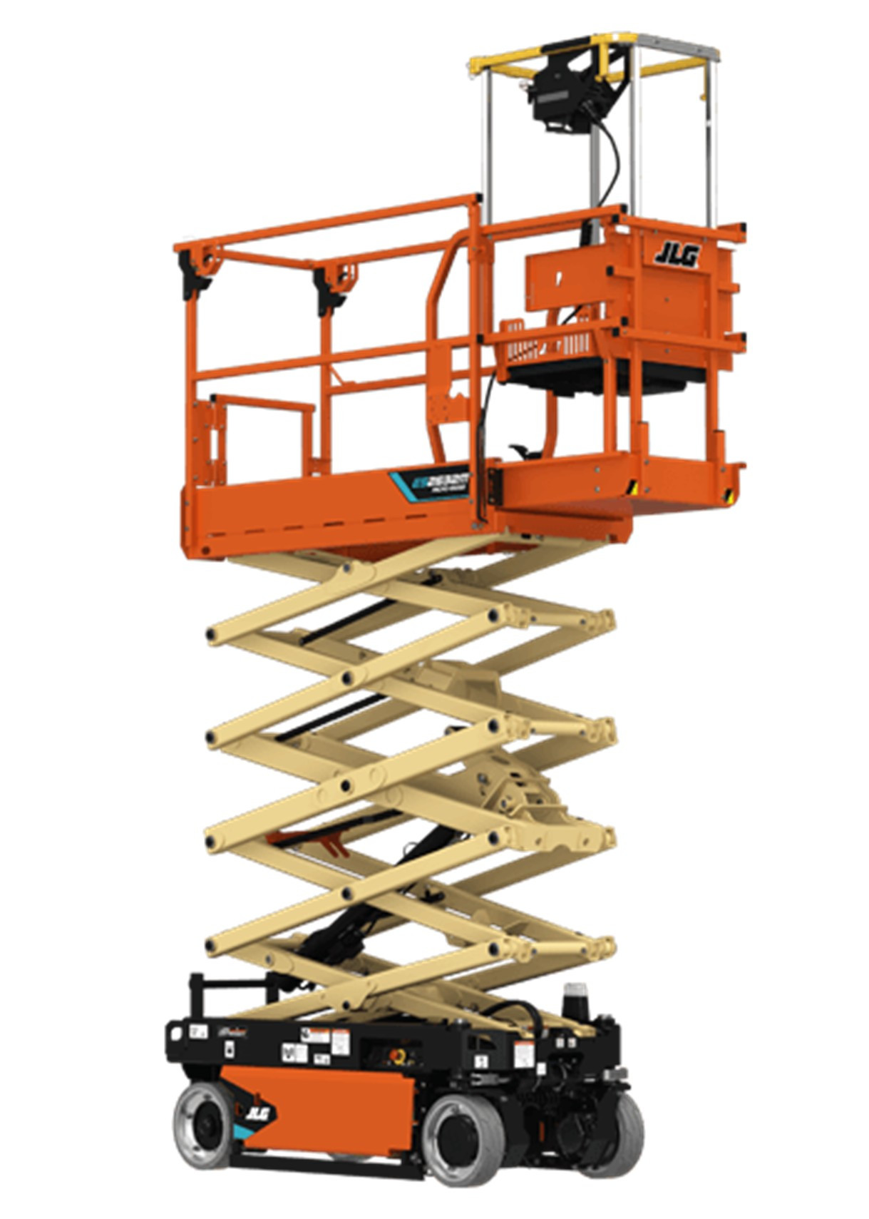 JLG ES2632M micro lift raised high, orange platform rails and beige scissor mechanism visible against a white background.