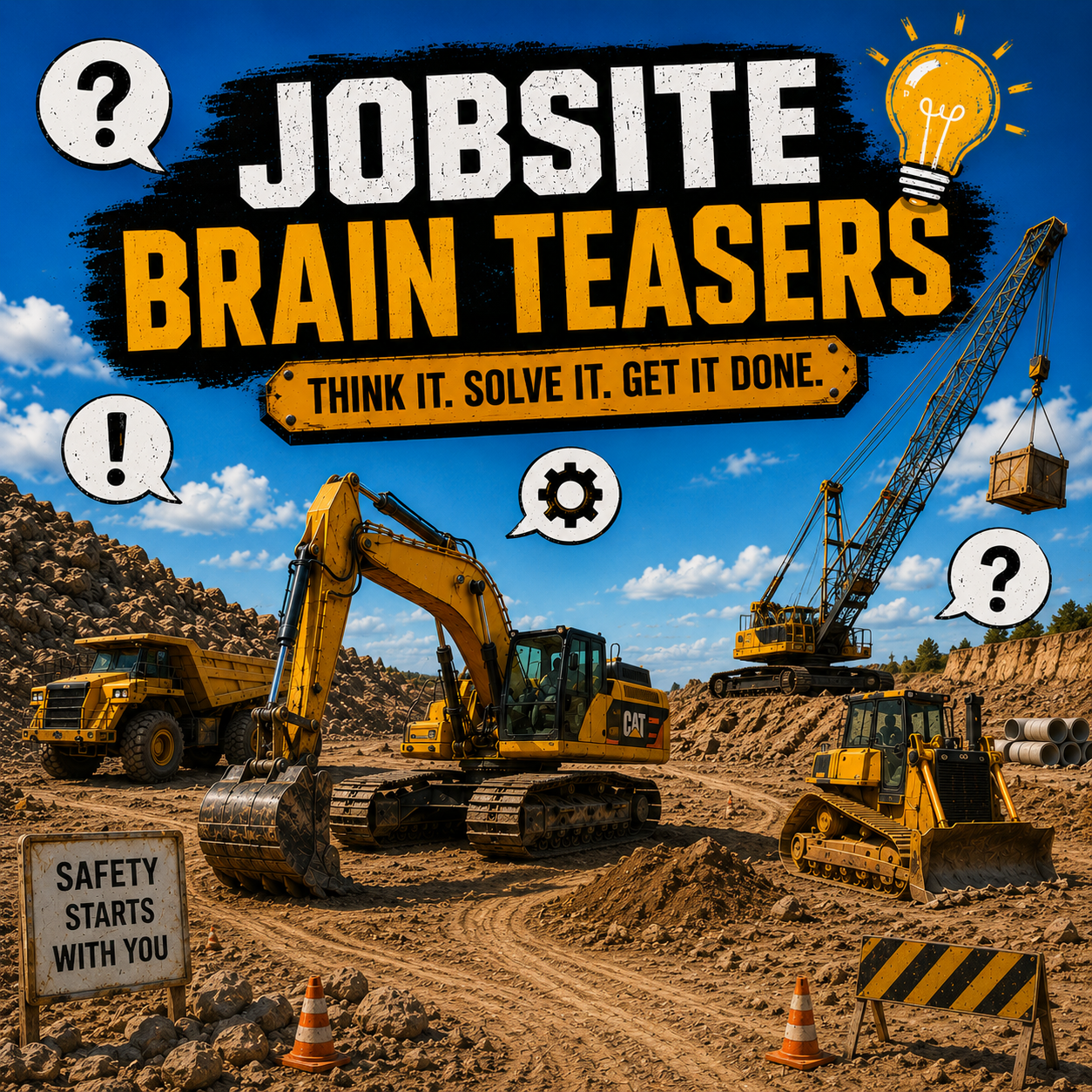 Construction jobsite with excavator, dozer and crane with text "Jobsite Brain Teasers. Think it. Solve it. Get it done."