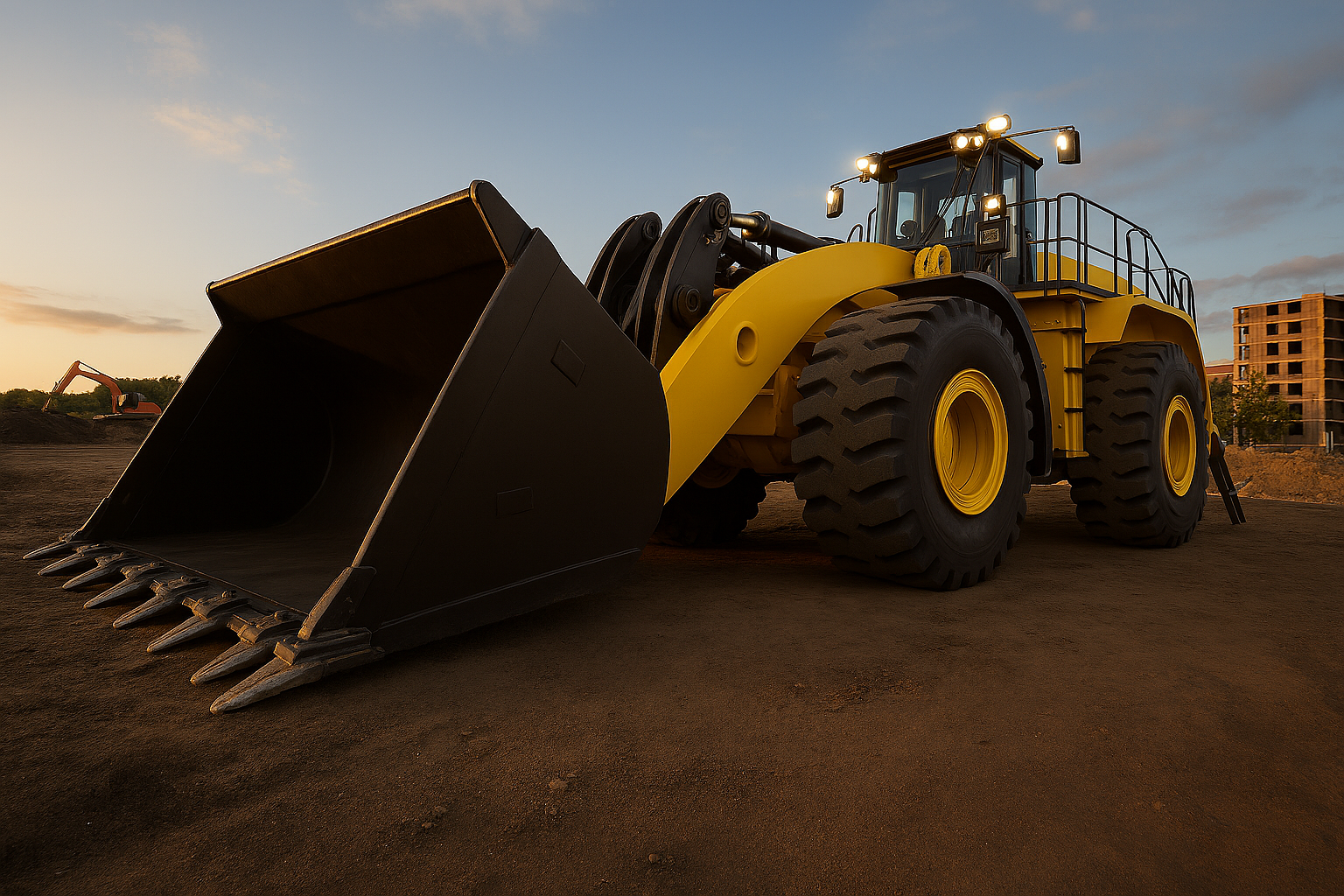 Komatsu P&H L-2350 wheel loader with massive bucket on a construction site at sunset.