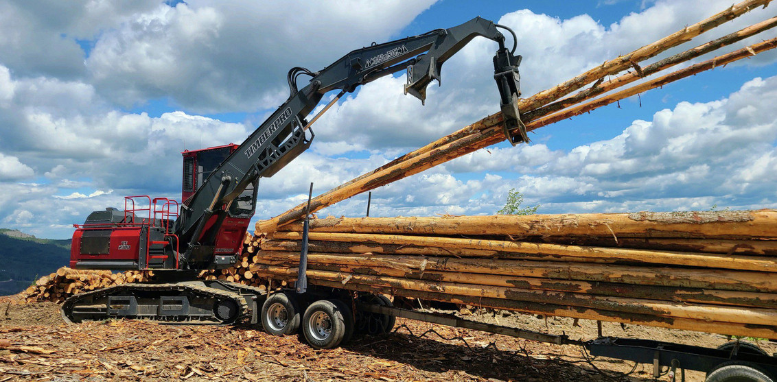 Right side view of a red and black Komatsu timberpro N230D log loader transferring long wooden logs onto a flatbed.