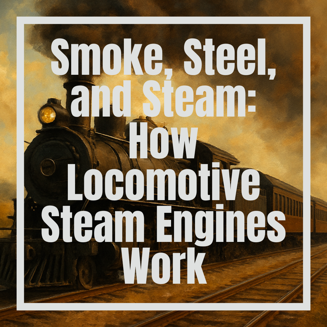 A vintage train in motion with the text "Smoke, Steel, and Steam: How Locomotive Steam Engines Work."