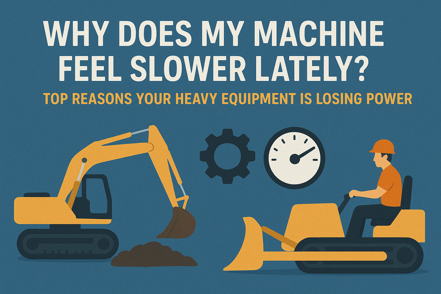 Graphic of heavy equipment, gear, and speedometer icons with text "Why Does My Machine Feel Slower Lately?"
