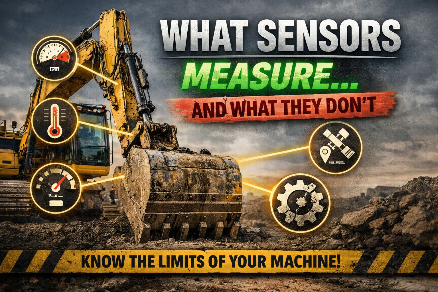 Excavator with various gauges and icons with text "What Sensors Measure...And What They Don't."