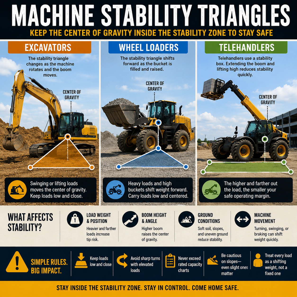 Heavy equipment infographic showing stability triangles and center of gravity with text "Machine stability triangles"