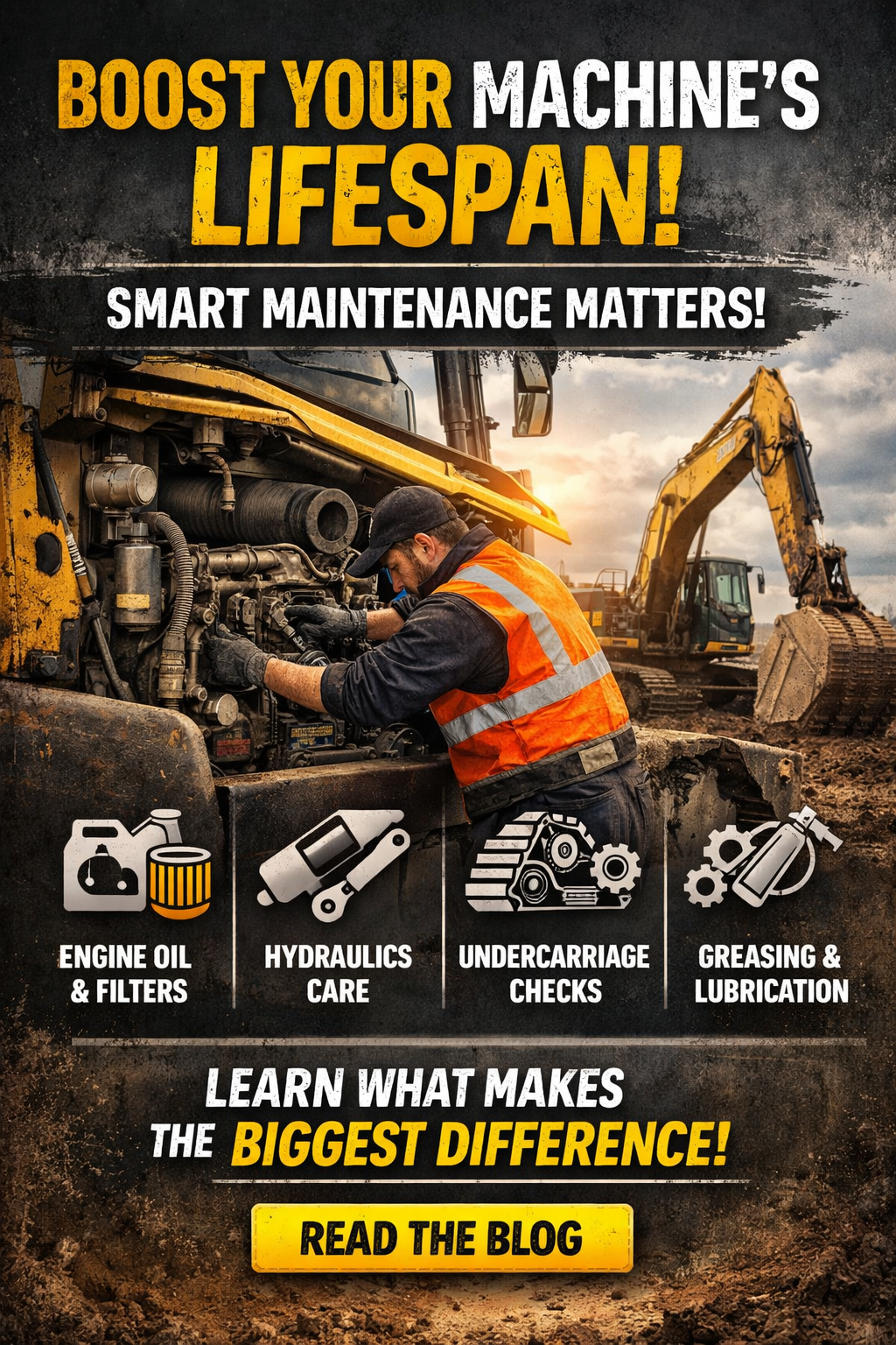 Worker services heavy construction equipment on site with text "Boost Your Machine's Lifespan! Smart Maintenance Matters!"