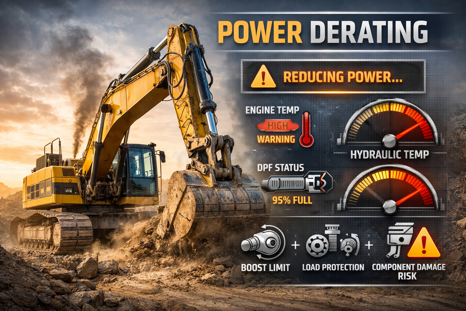 Excavator digging dirt with on-screen power derating alerts showing high engine and hydraulic temps and near-full DPF.