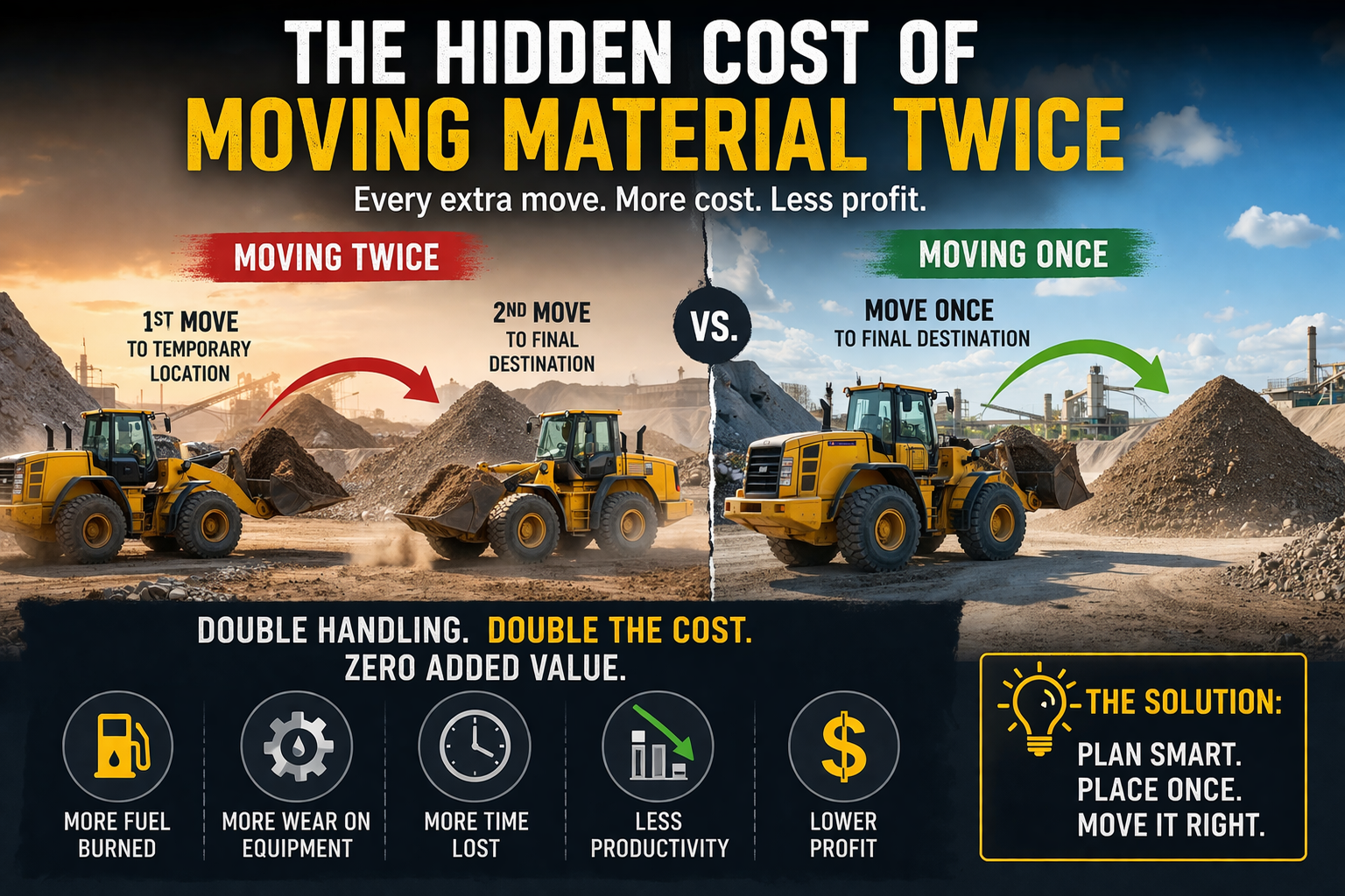 Loaders moving dirt on a jobsite, comparing one vs. two moves, with text "The Hidden Cost of Moving Material Twice."