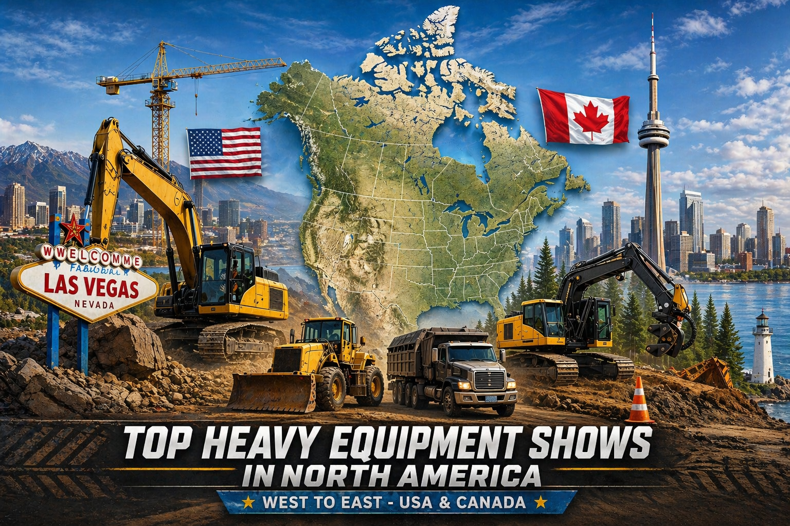 Heavy machinery scene with North America map and cityscapes, with text "top heavy equipment shows in north America."