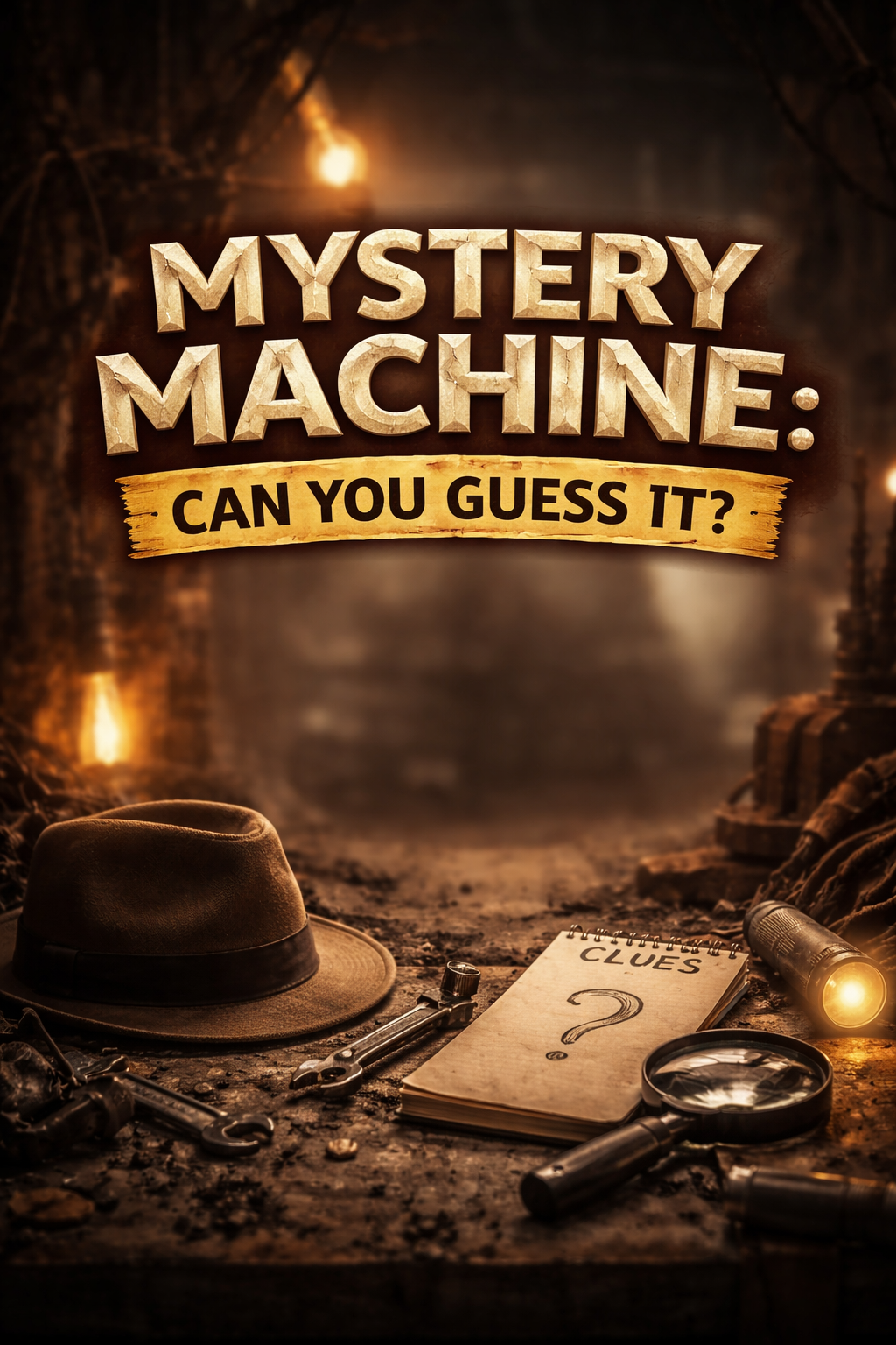 Dimly lit detective scene with hat, tools, flashlight and clue notebook with text "Mystery Machine: Can You Guess It?"