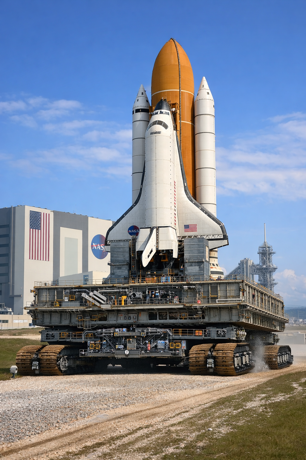 Space shuttle on top of a crawler transporter moving along a gravel path near a NASA building and launch tower.