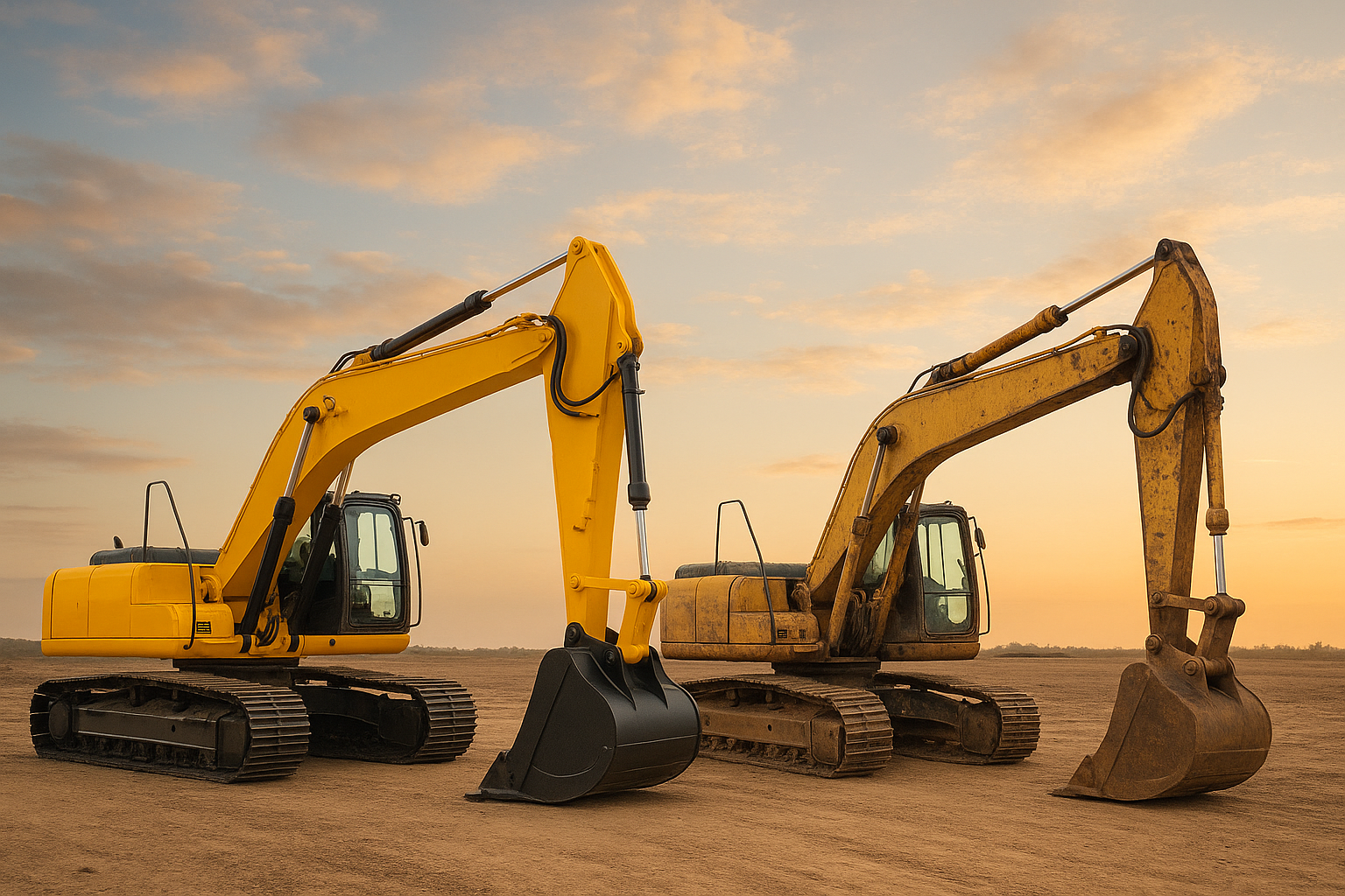 Two excavators parked side by side on a dirt field, one excavator is new and the other is used.