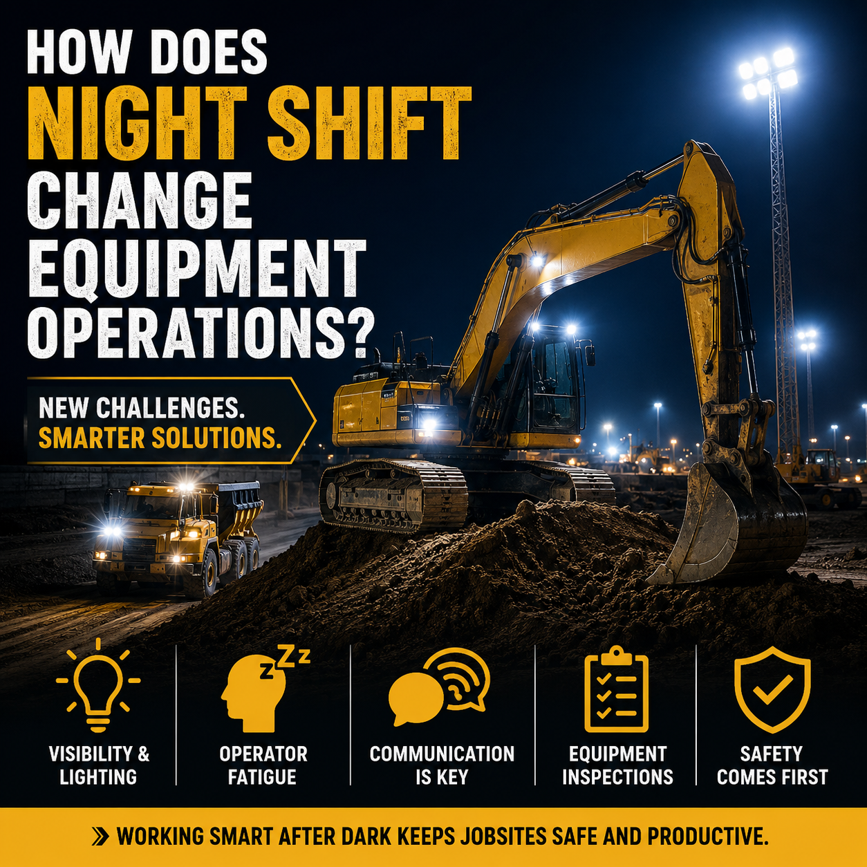 Heavy equipment illuminated on a nighttime construction site with text "How Does Night Shift Change Equipment Operations?"