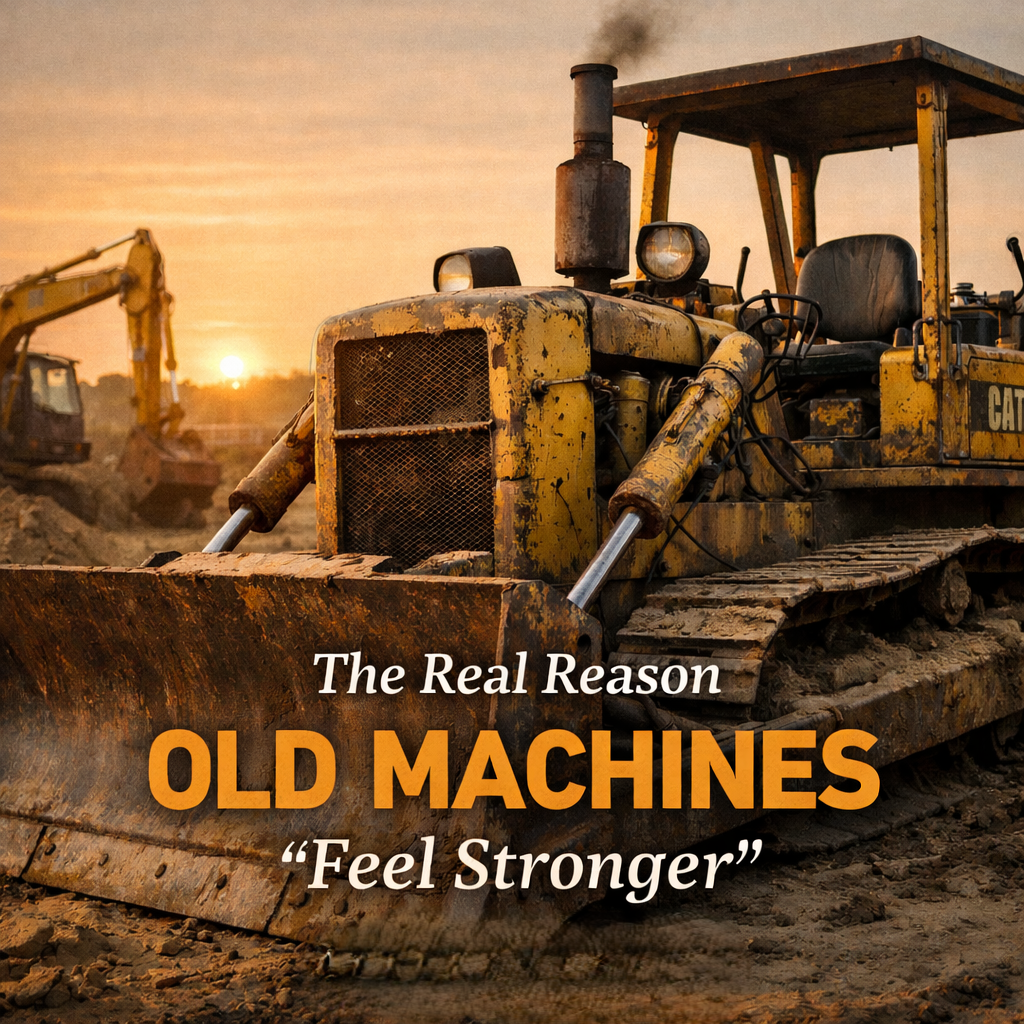 Weathered dozer on a muddy site with equipment in the background and text "The Real Reason Old Machines Feel Stronger."