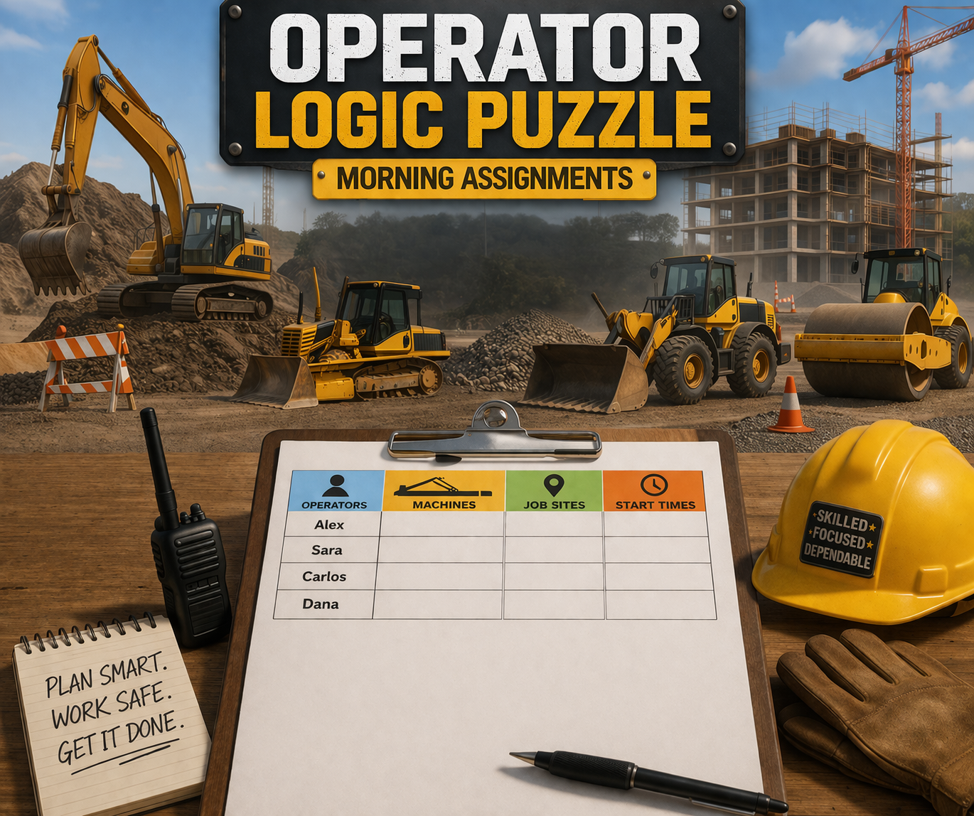 Heavy equipment lineup on a jobsite and logic puzzle sheet with text "Operator Logic Puzzle Morning Assignments."