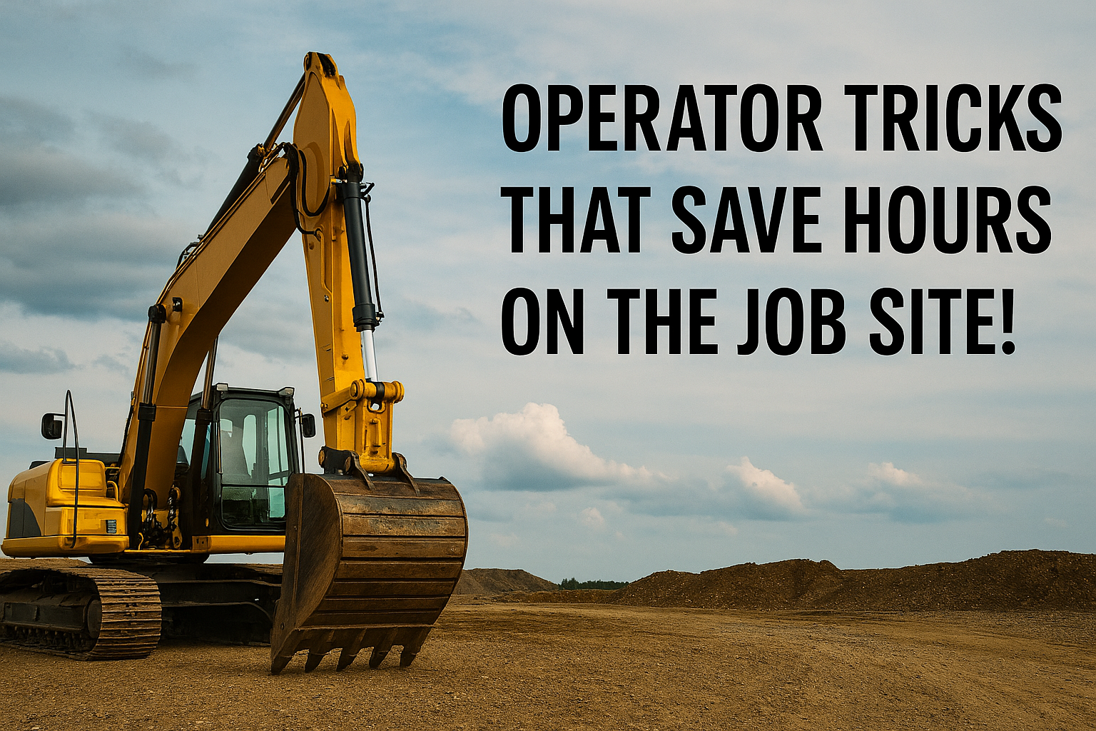Yellow excavator parked on dirt under cloudy sky with text "Operator tricks that save hours on the job site!"