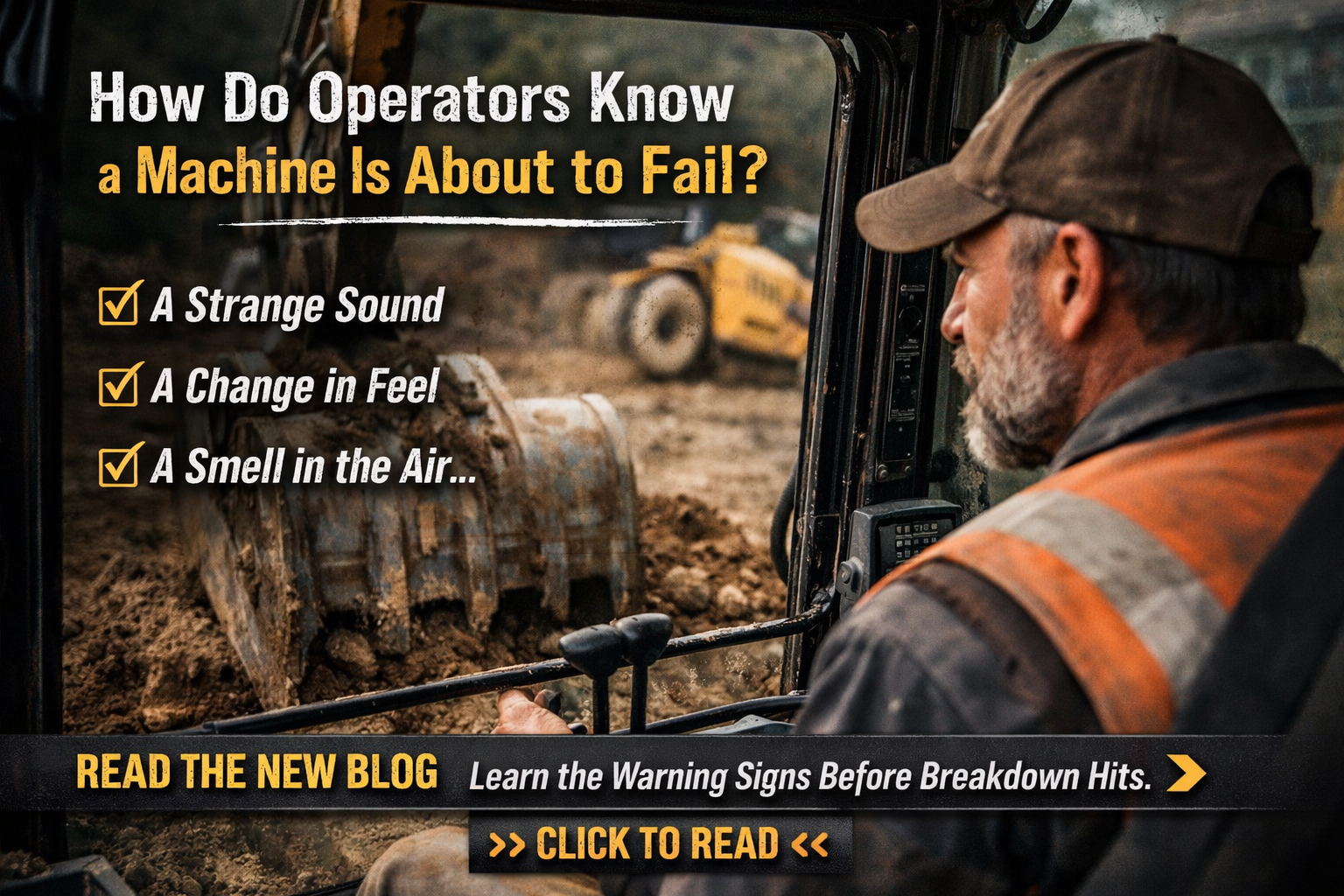Operator inside excavator looking at bucket with text "How do operators know a machine is about to fail? Etc."