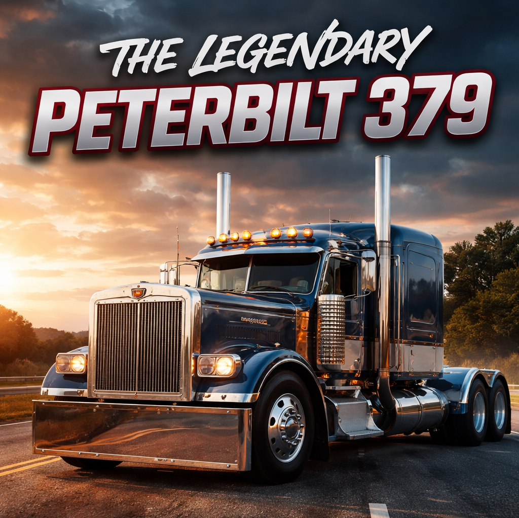 Blue Peterbilt 379 semi-truck with chrome stacks parked on a highway at sunset with text "The Legendary Peterbilt 379."
