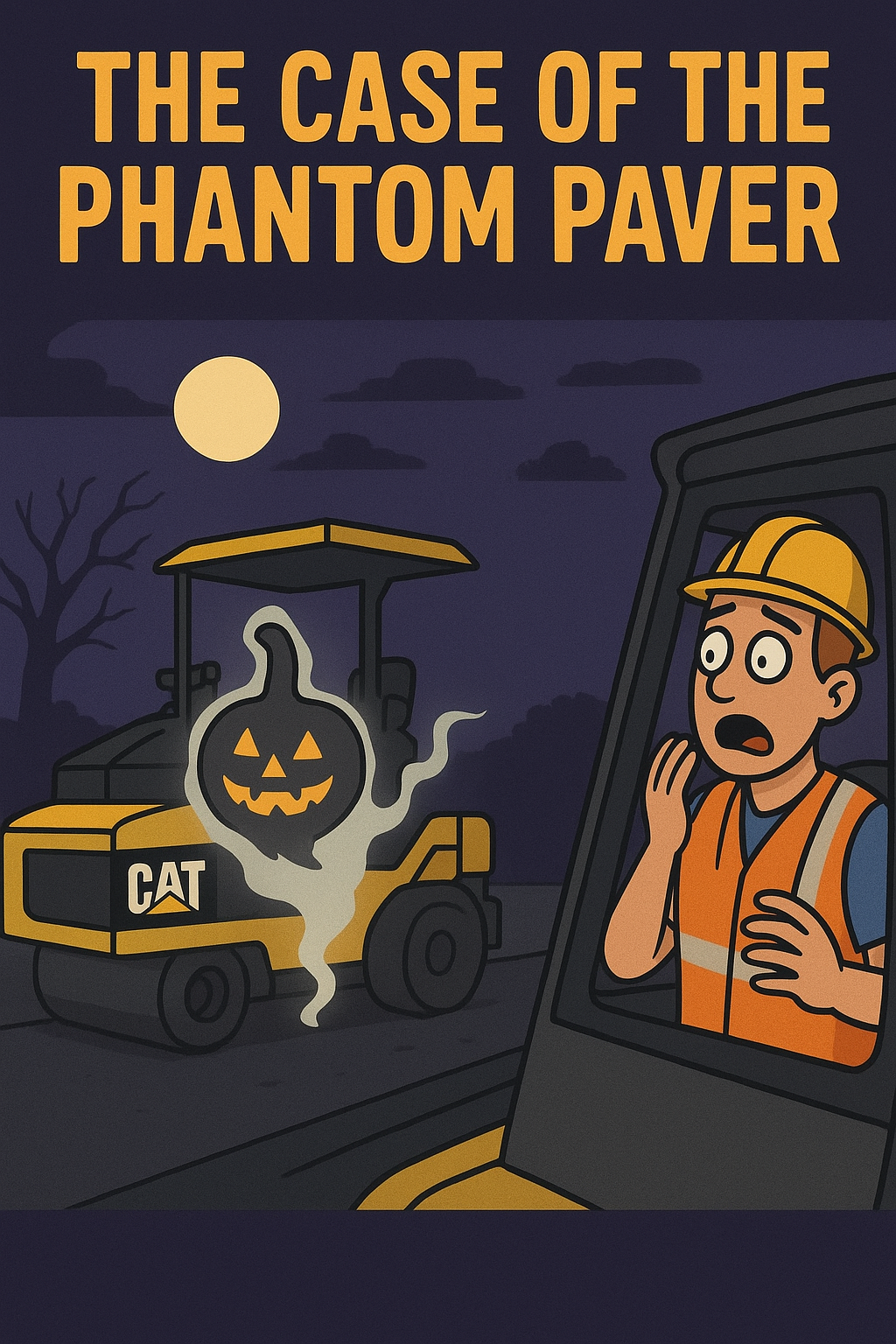 Illustration of a scared worker watching a jack-o'-lantern float over a paver with text "The Case of the Phantom Paver."