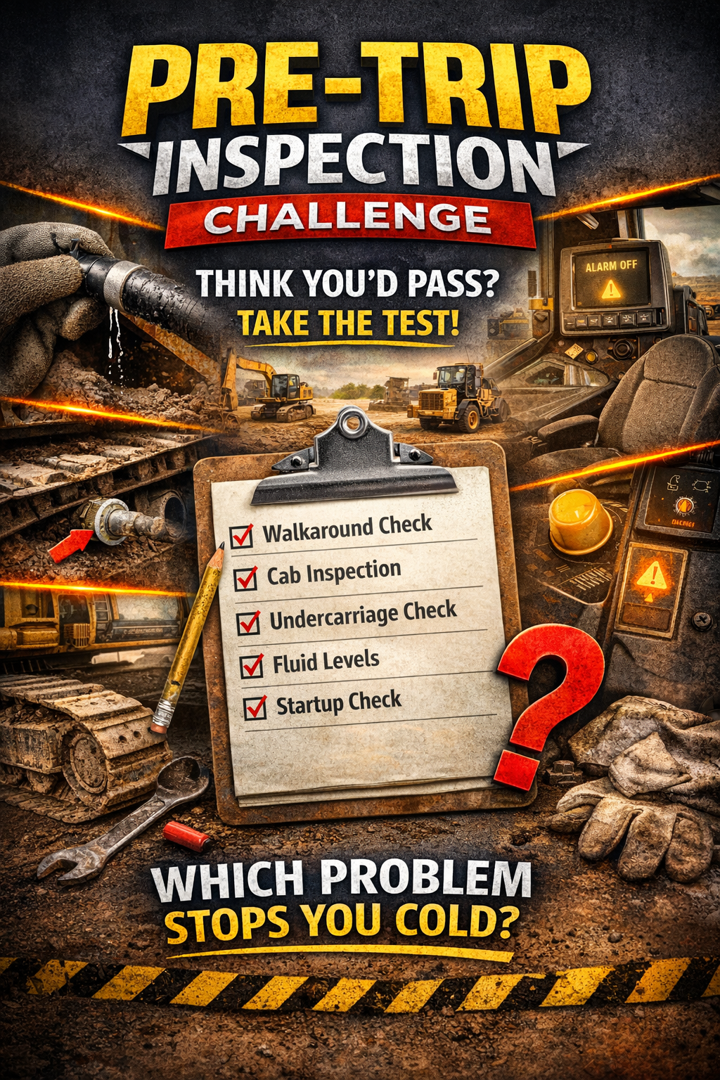 Equipment inspection collage showing various safety hazards and checklist with text "Pre-trip inspection challenge."