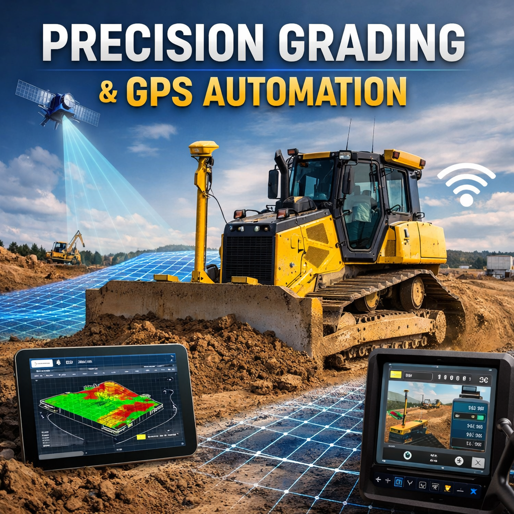 Dozer on dirt site with GPS receiver and interactive mapping screens with text "Precision Grading & GPS Automation."