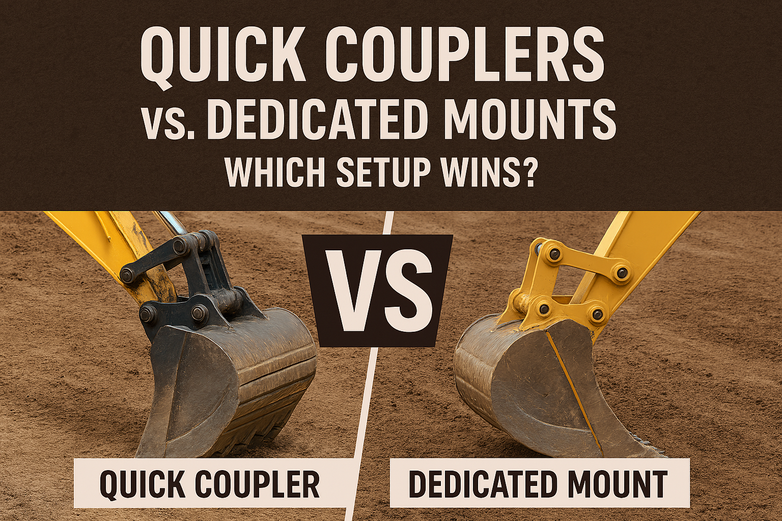 Two side by side excavator buckets compared with text "Quick Couplers vs. Dedicated Mounts-Which Setup Wins?"