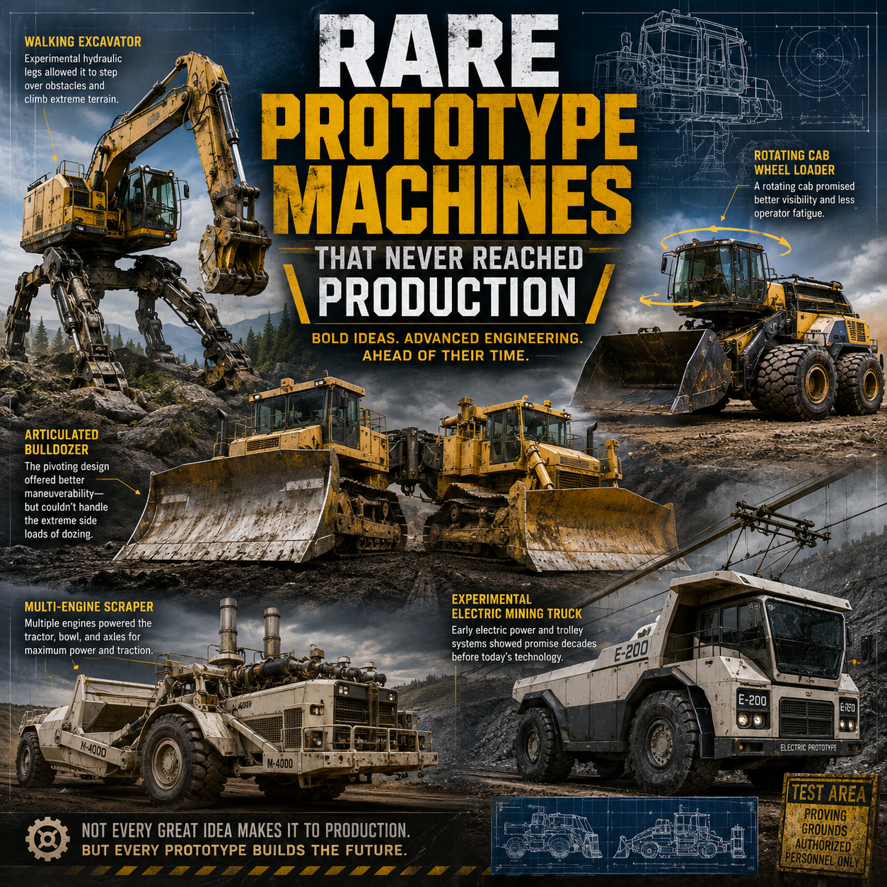 Collage featuring prototype construction equipment with text "Rare prototype machines that never reached production"