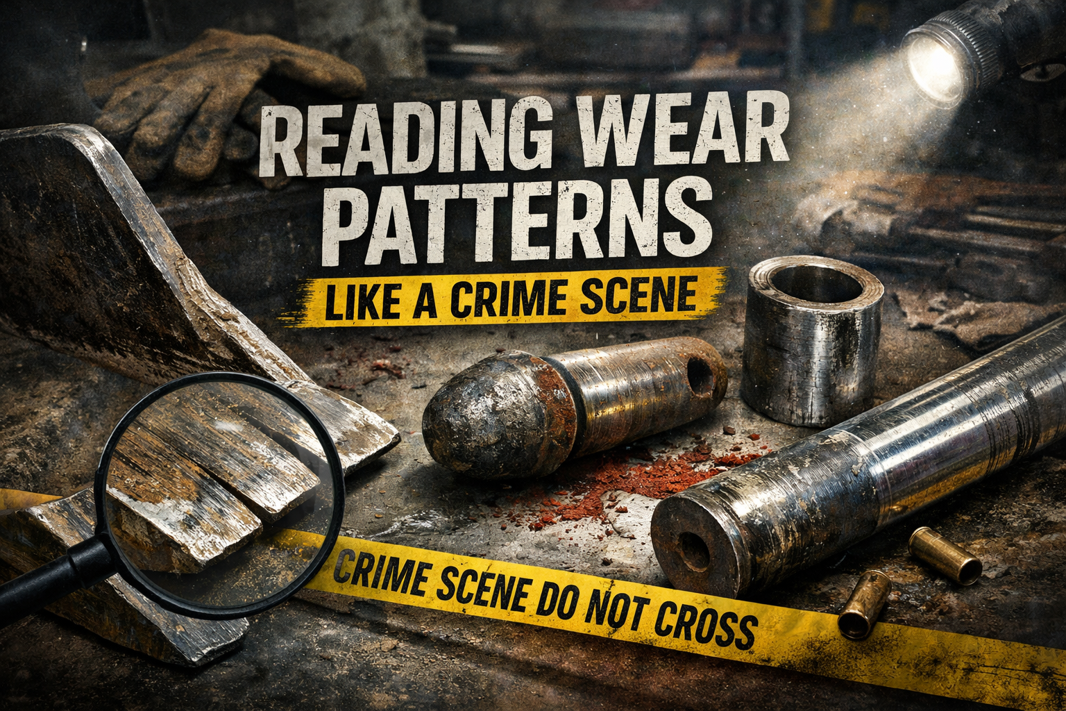 Table with worn machine components presented as a crime scene inspection with text "Reading wear patters like a crime scene."
