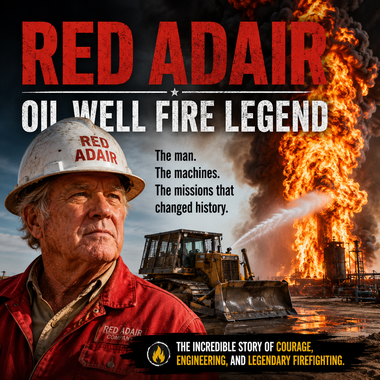 Oil well firefighter standing near a bulldozer and burning oil well with text "Red Adair: Oil well fire legend."