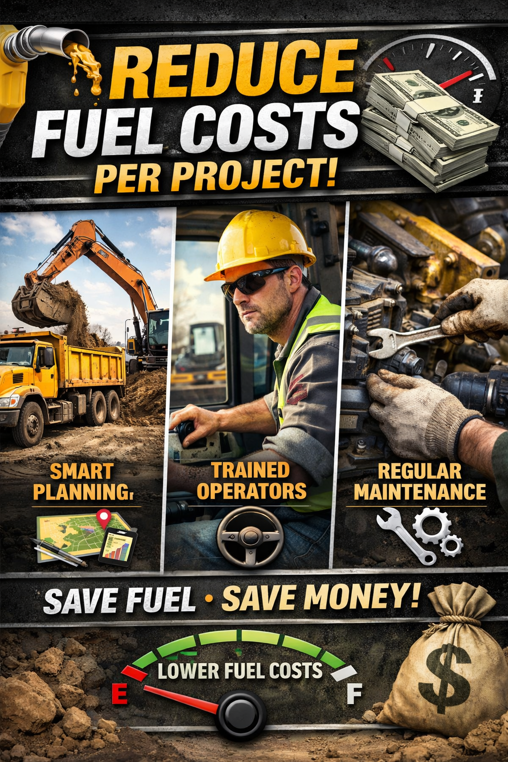 Construction collage with excavator loading soil, operator in cab, maintenance work and text "Reduce Fuel Costs Per Project!"