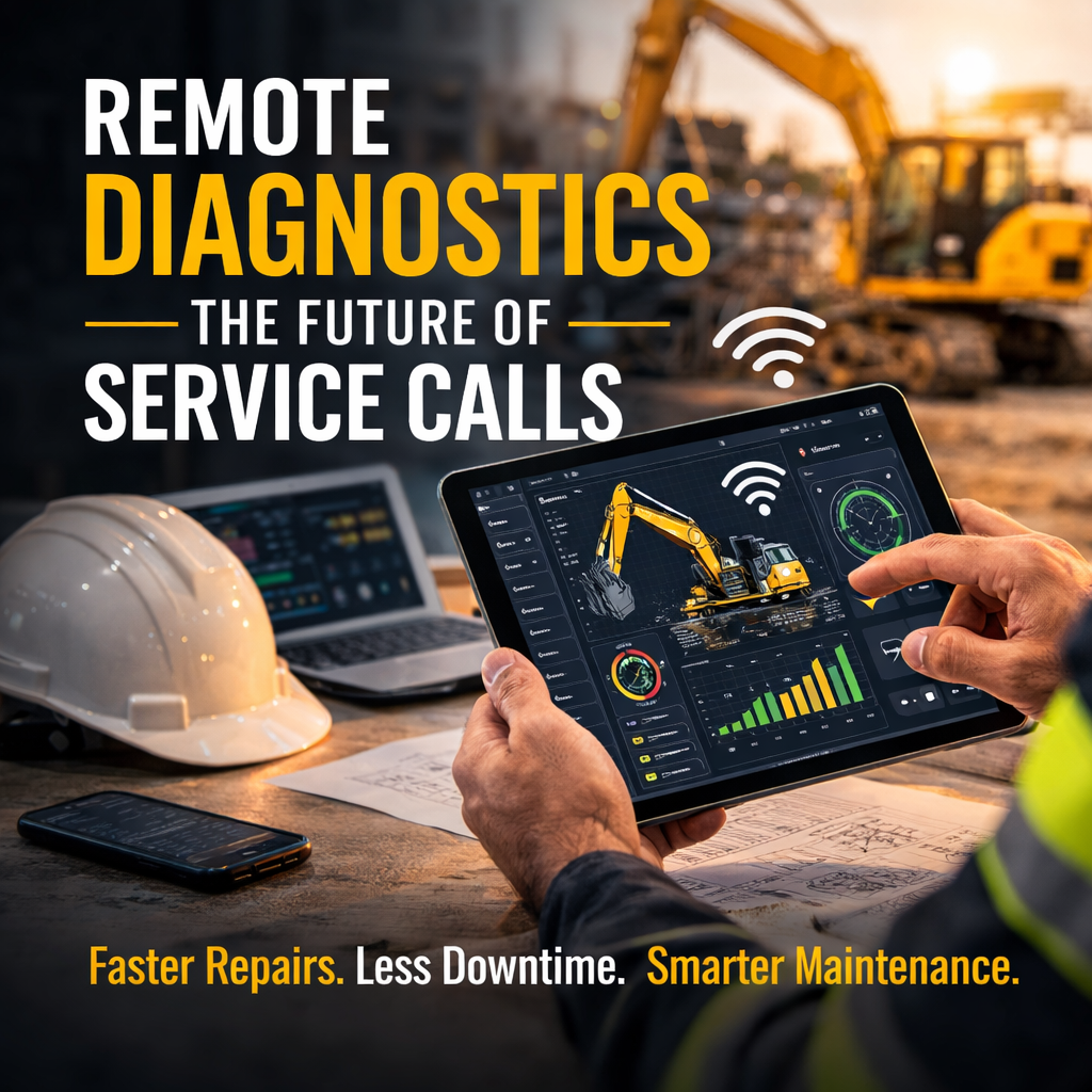 Technician using a tablet to monitor an excavator remotely with text "Remote Diagnostics the Future of Service Calls."