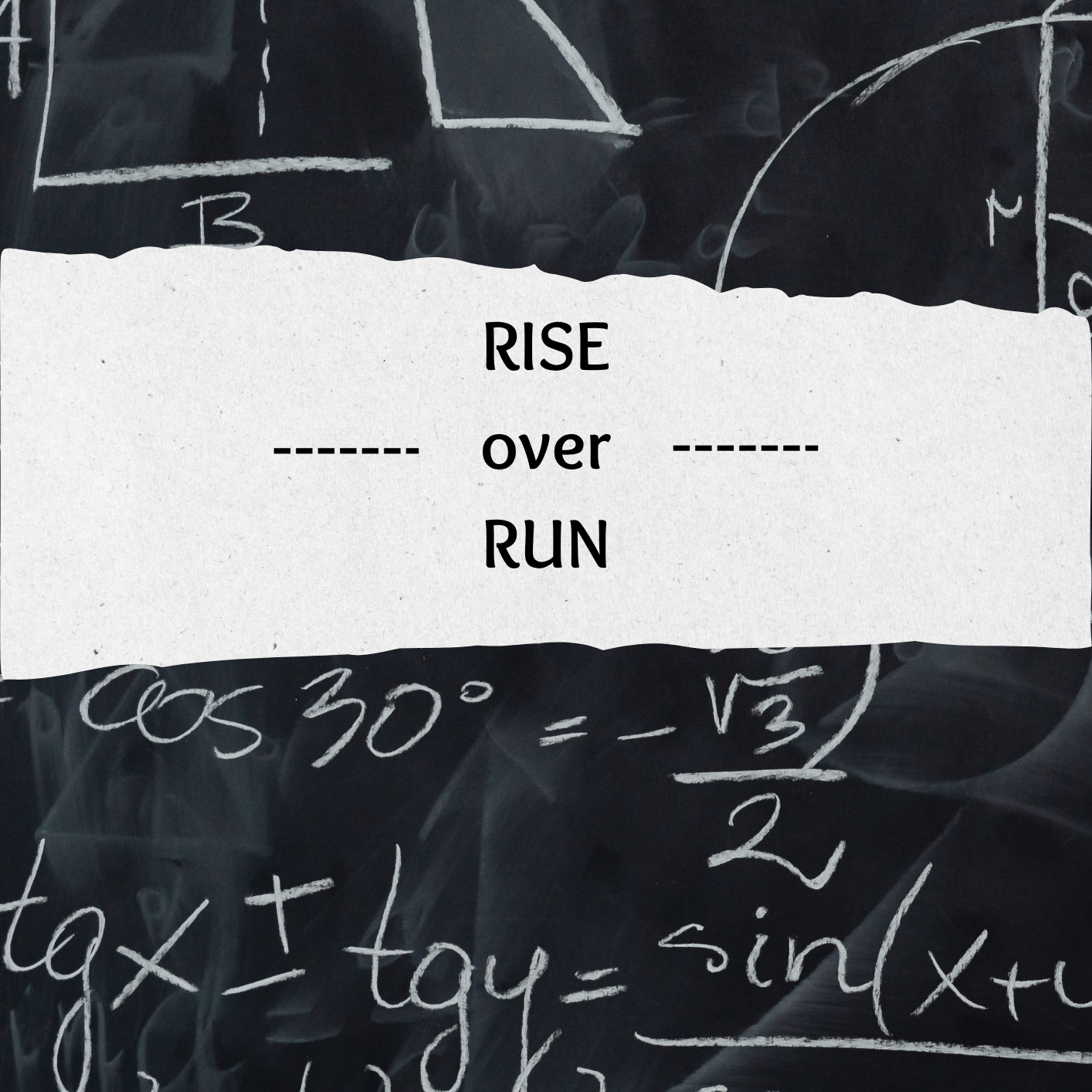 Illustration of a chalk board with shapes and formulas and a text box overtop with "Rise over Run."