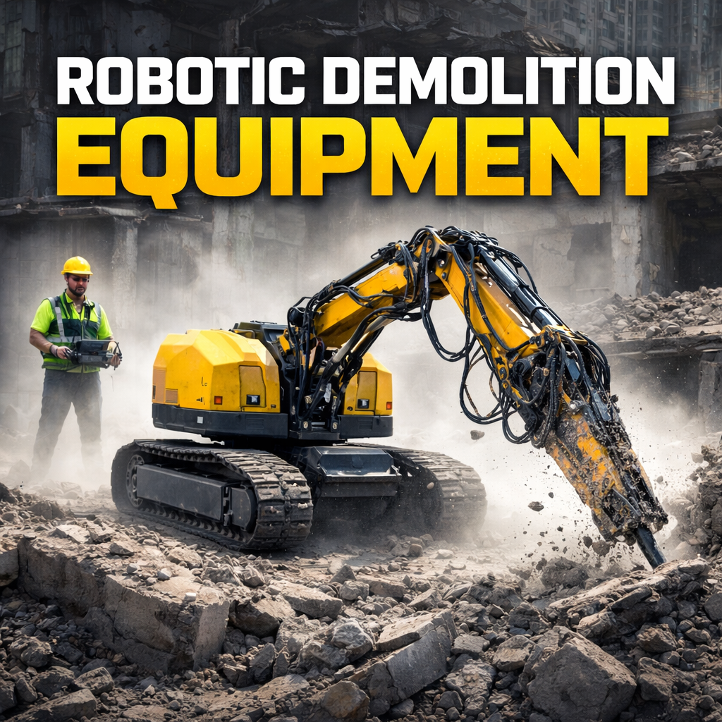 Remote-controlled demolition robot breaking concrete as operator stands nearby with text "Robotic Demolition Equipment"