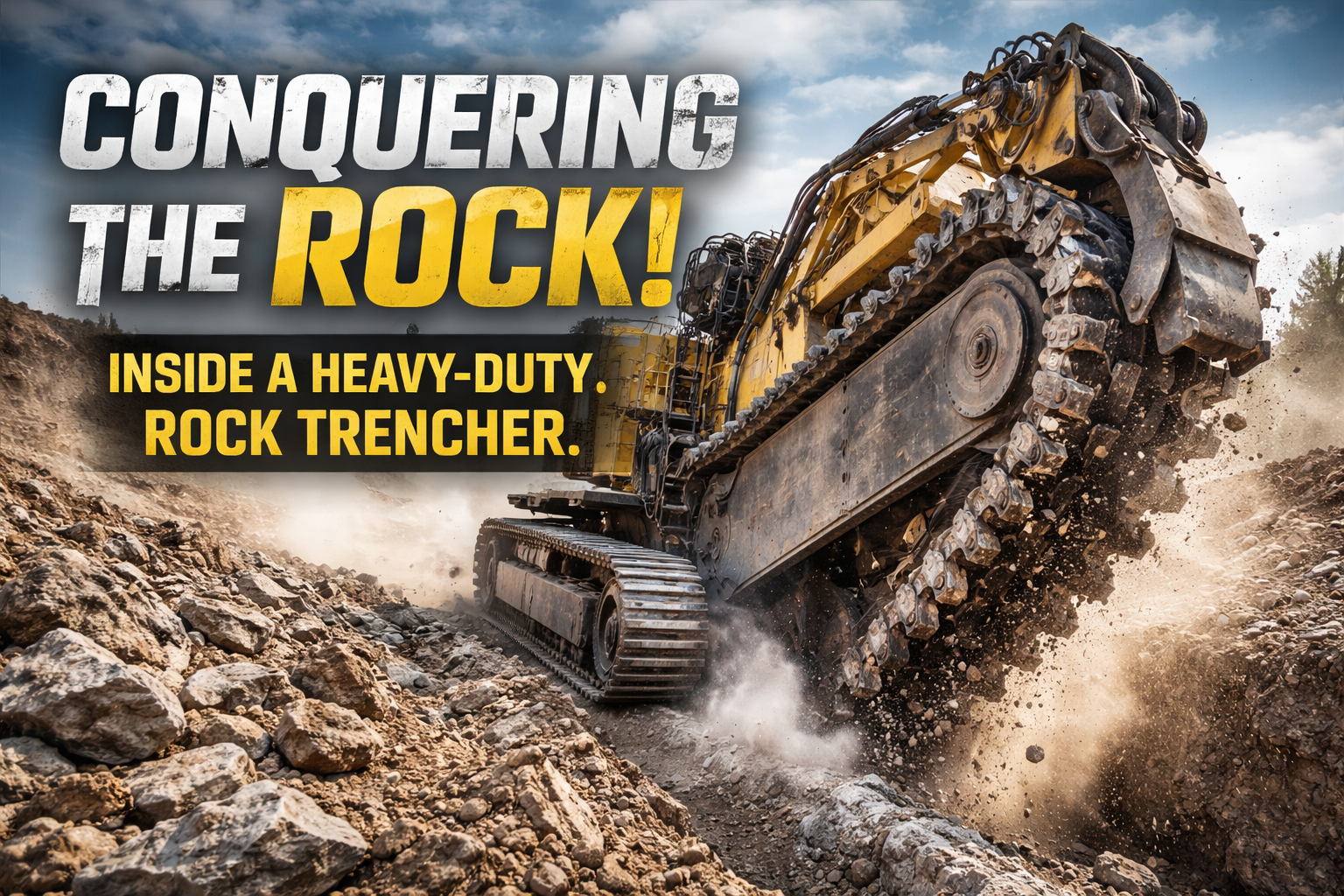 Illustration of a heavy-duty rock trencher with text: "Conquering the Rock! Inside a Heavy-Duty Rock Trencher."