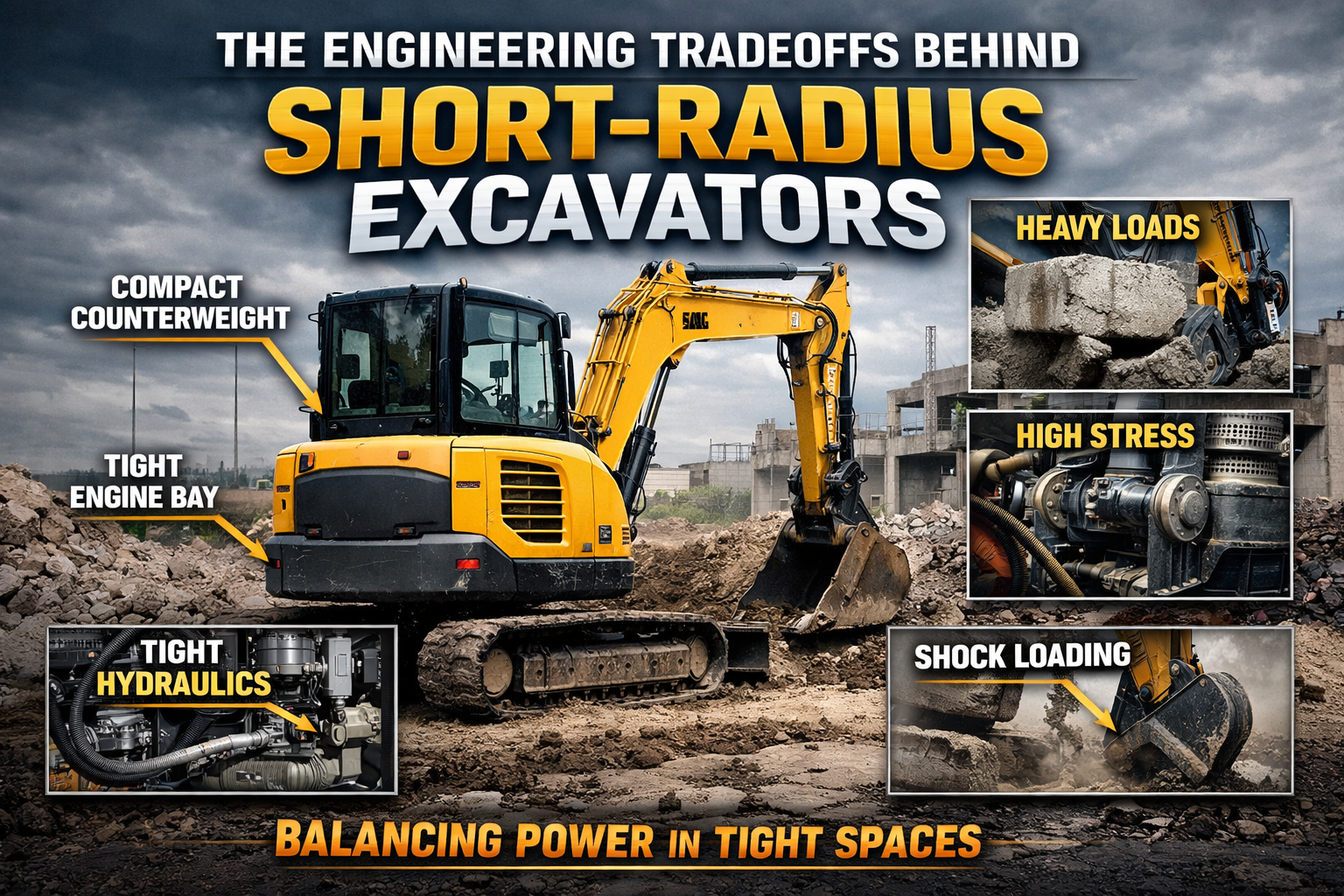 Compact yellow excavator in rubble with text "The engineering tradeoffs behind short radius excavators."