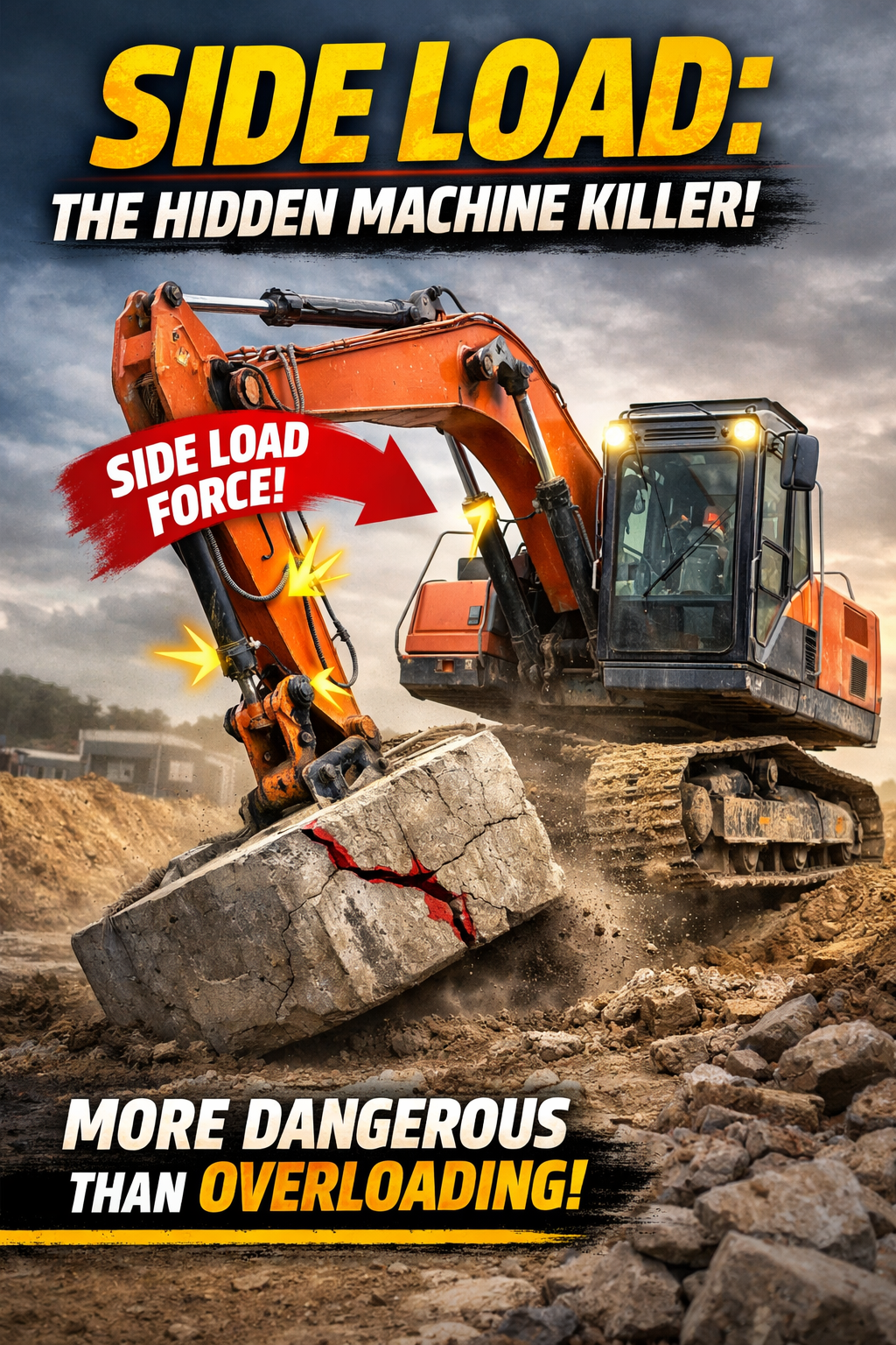 Excavator lifting a concrete slab at an angle, highlighting dangerous side load force on a construction site.